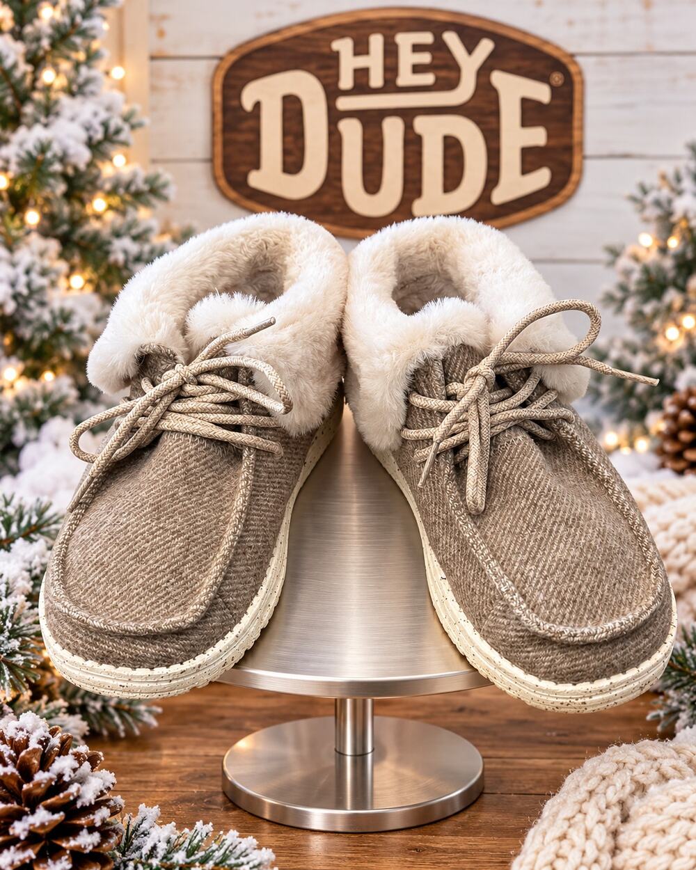 Hey Dude Britt Taupe Herringbone Faux Fur Ankle Boots Women’s 7 EU 38